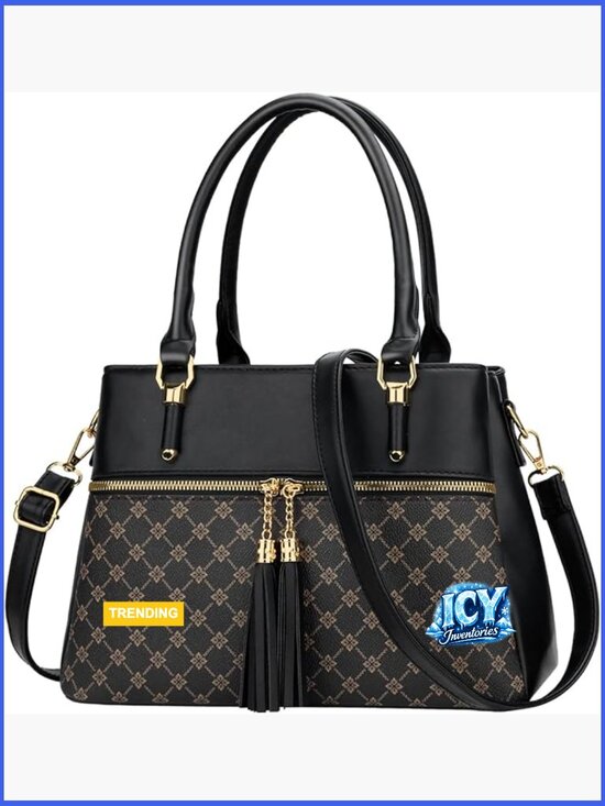 Handbags - Faux Leather Satchel with Adjustable Strap, 3 Compartments